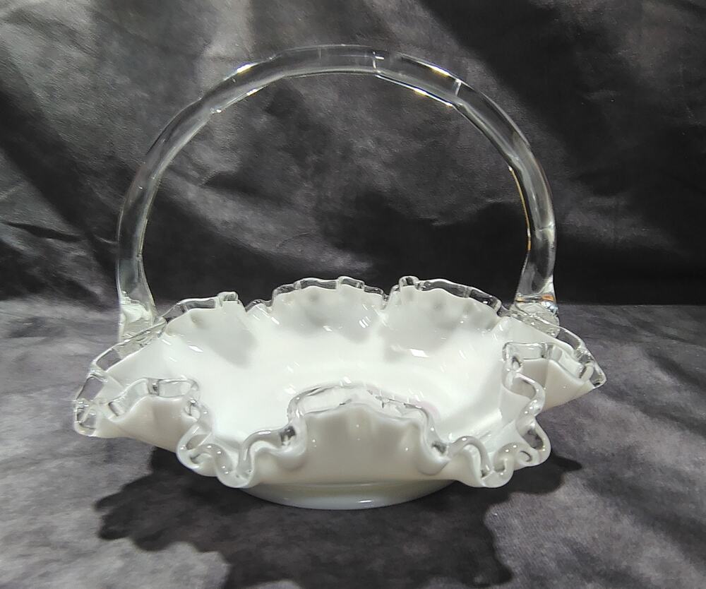 Fenton Art Glass Silver Crest Ruffled Milk Glass Basket Clear Bamboo Handle